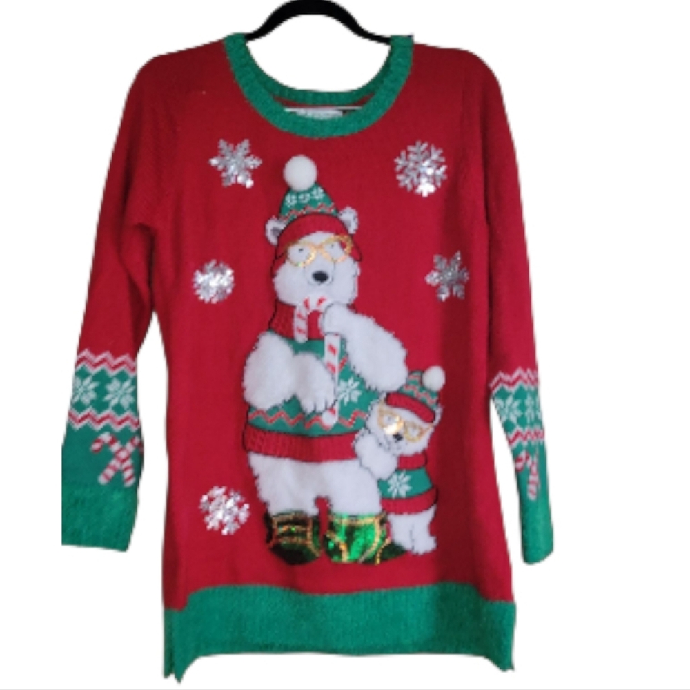 99 JANE STREET WOMEN UGLY CHRISTMAS SWEATER TUNIC POLAR BEAR SNOW FLAKES SIZE L